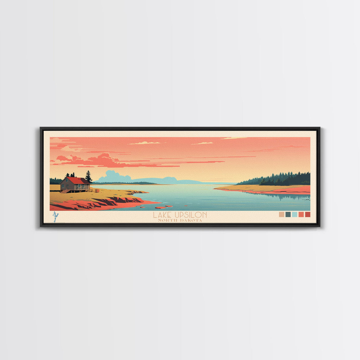 Lake Upsilon, North Dakota Panoramic Wall Art Framed Canvas Print, Midcentury Modern, Pop Art, Home Decor, Travel Poster, Living Room Art