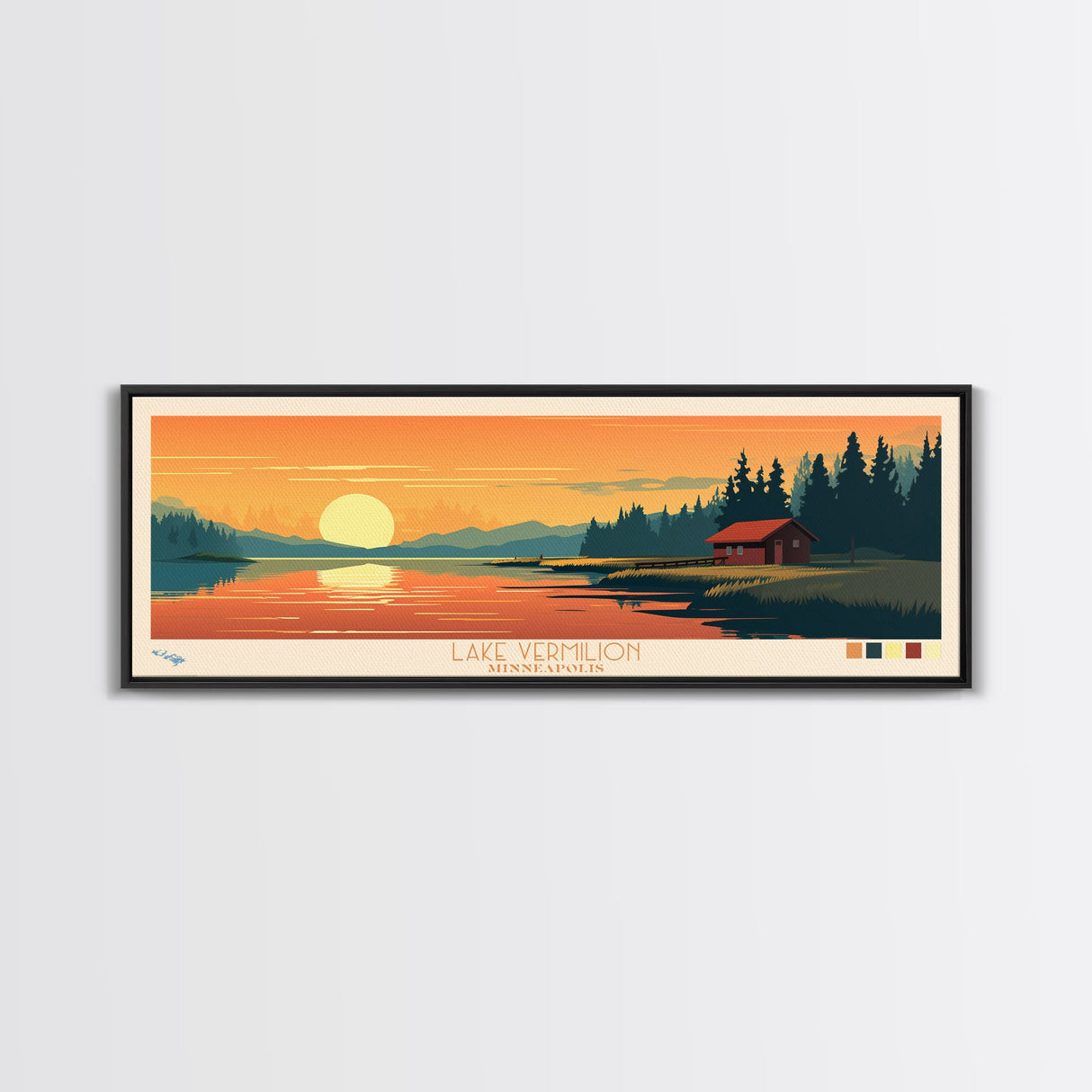 Lake Vermilion, Minneapolis Panoramic Wall Art Framed Canvas Print, Midcentury Modern, Pop Art, Home Decor, Travel Poster, Bedroom Art