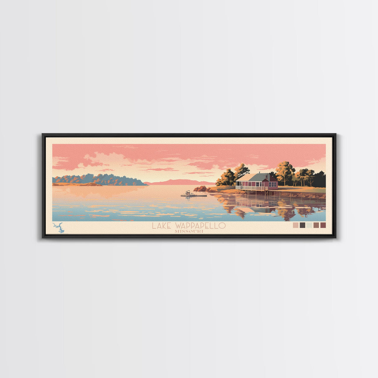 Lake Wappapello, Missouri Panoramic Wall Art Framed Canvas Print, Midcentury Modern, Pop Art, Home Decor, Travel Poster, Bedroom Art