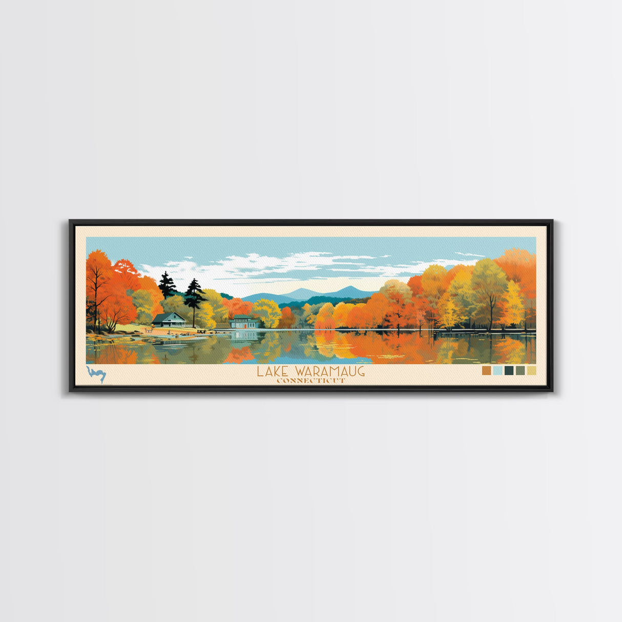 Lake Waramaug, Connecticut Panoramic Wall Art Framed Canvas Print, Midcentury Modern, Pop Art, Home Decor, Travel Poster, Living Room Art