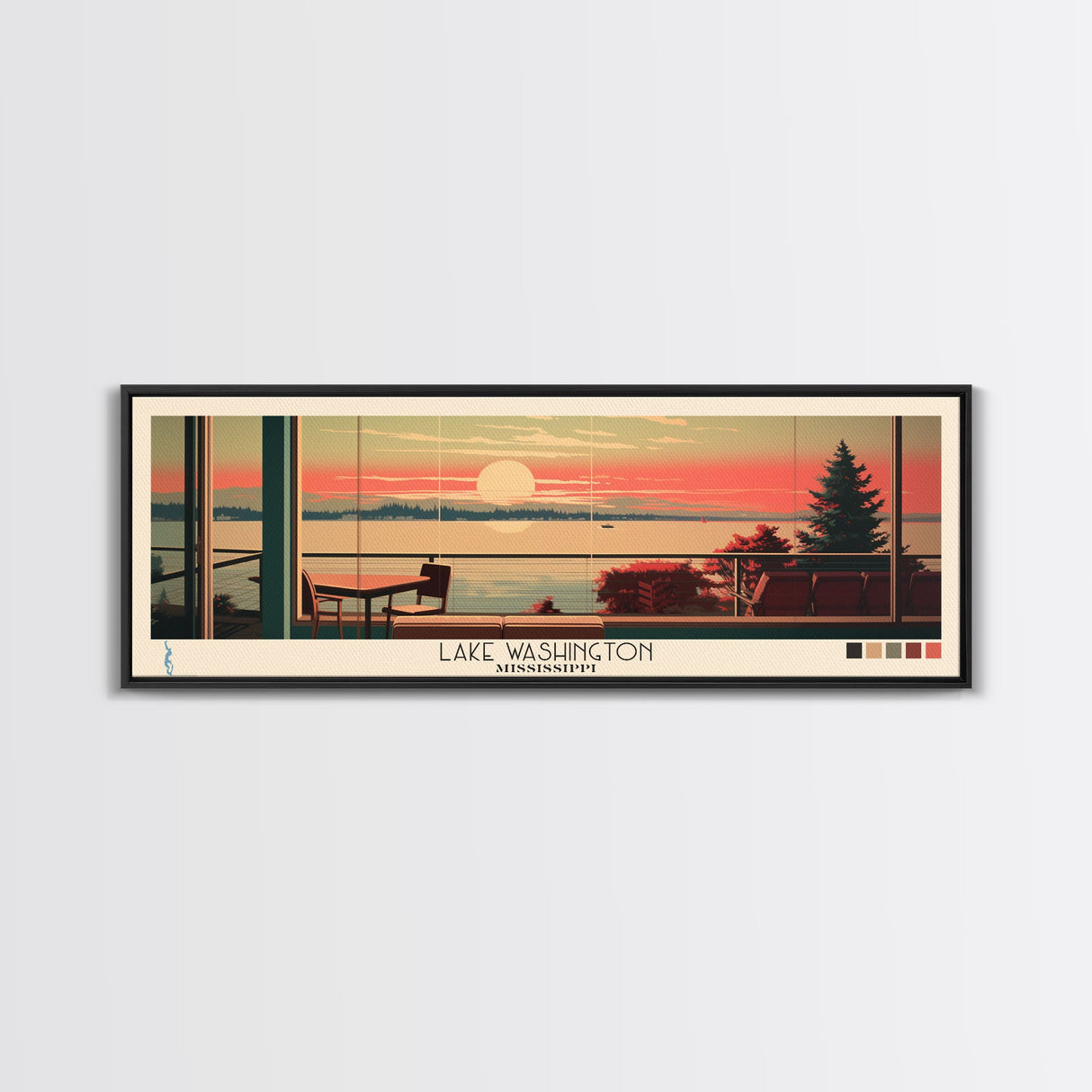 Lake Washington, Washington Panoramic Wall Art Framed Canvas Print, Midcentury Modern, Pop Art, Home Decor, Travel Poster, Living Room Art