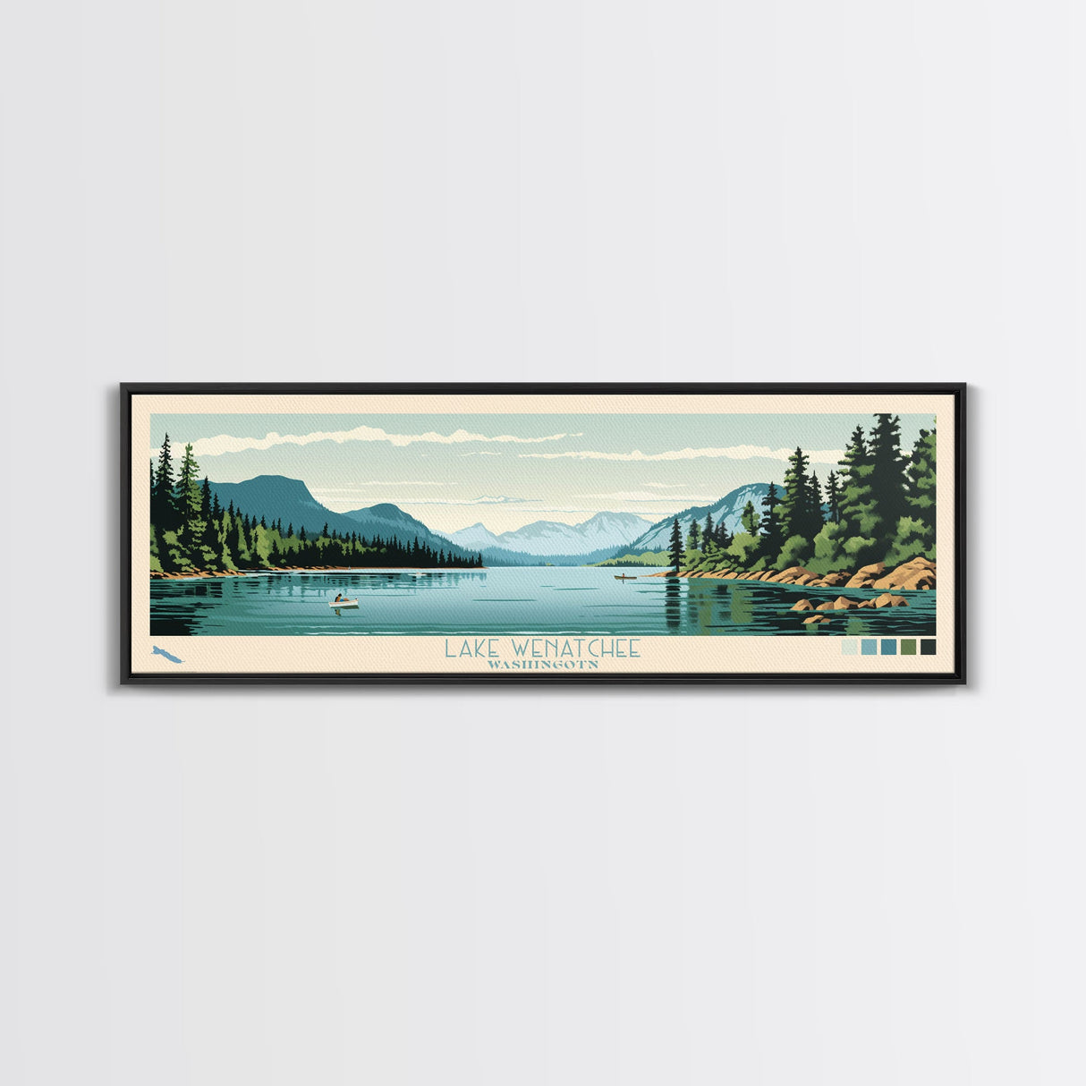 Lake Wenatchee, Washington Panoramic Wall Art Framed Canvas Print, Midcentury Modern, Pop Art, Home Decor, Travel Poster, Bedroom Art