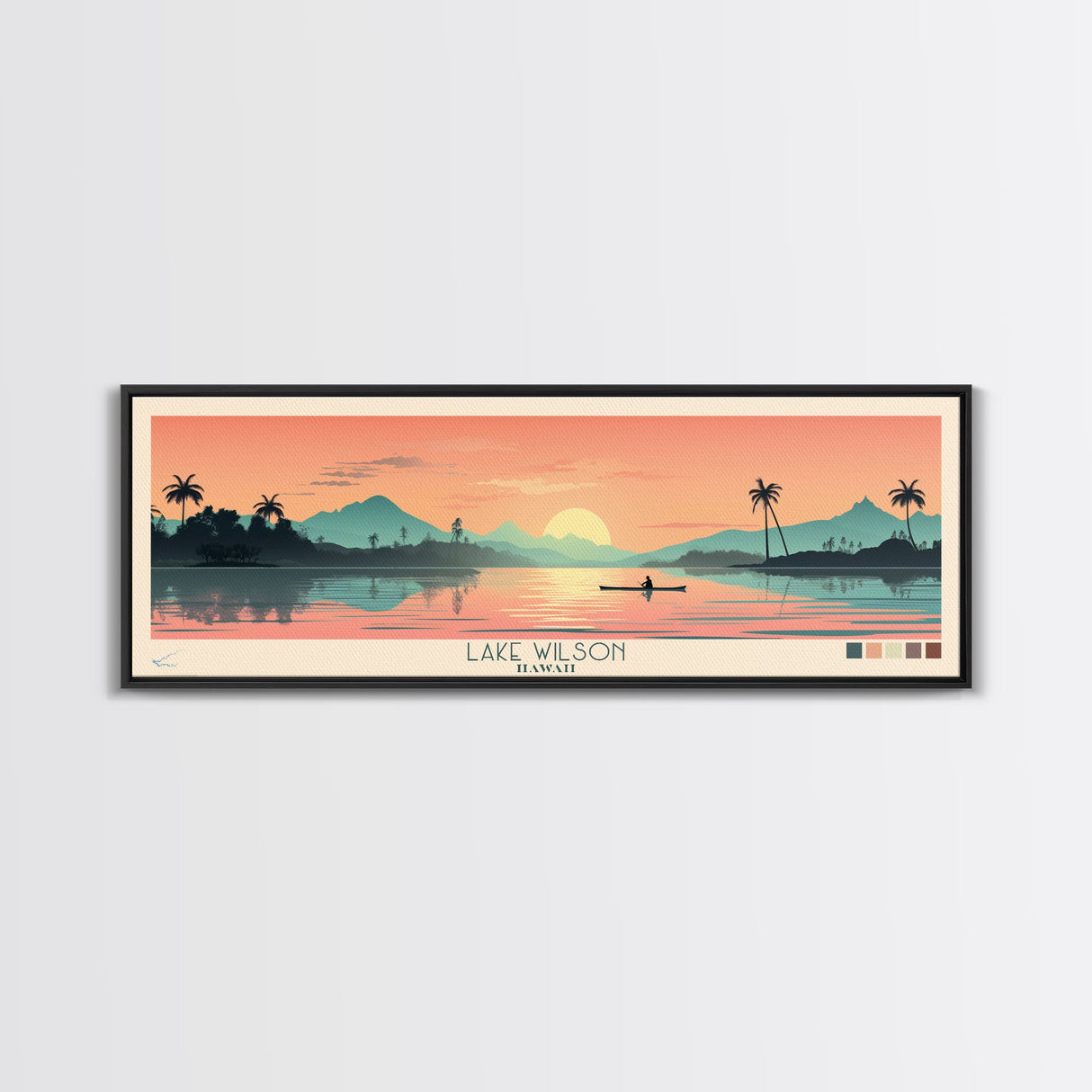 Lake Wilson, Hawaii Panoramic Wall Art Framed Canvas Print, Midcentury Modern, Pop Art, Home Decor, Travel Poster, Living Room Art