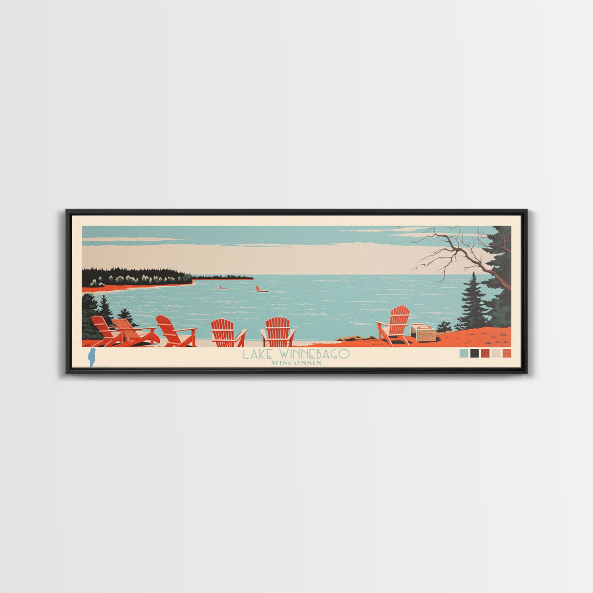 Lake Winnebago, Wisconsin Panoramic Wall Art Framed Canvas Print, Midcentury Modern, Pop Art, Home Decor, Travel Poster, Living Room Art