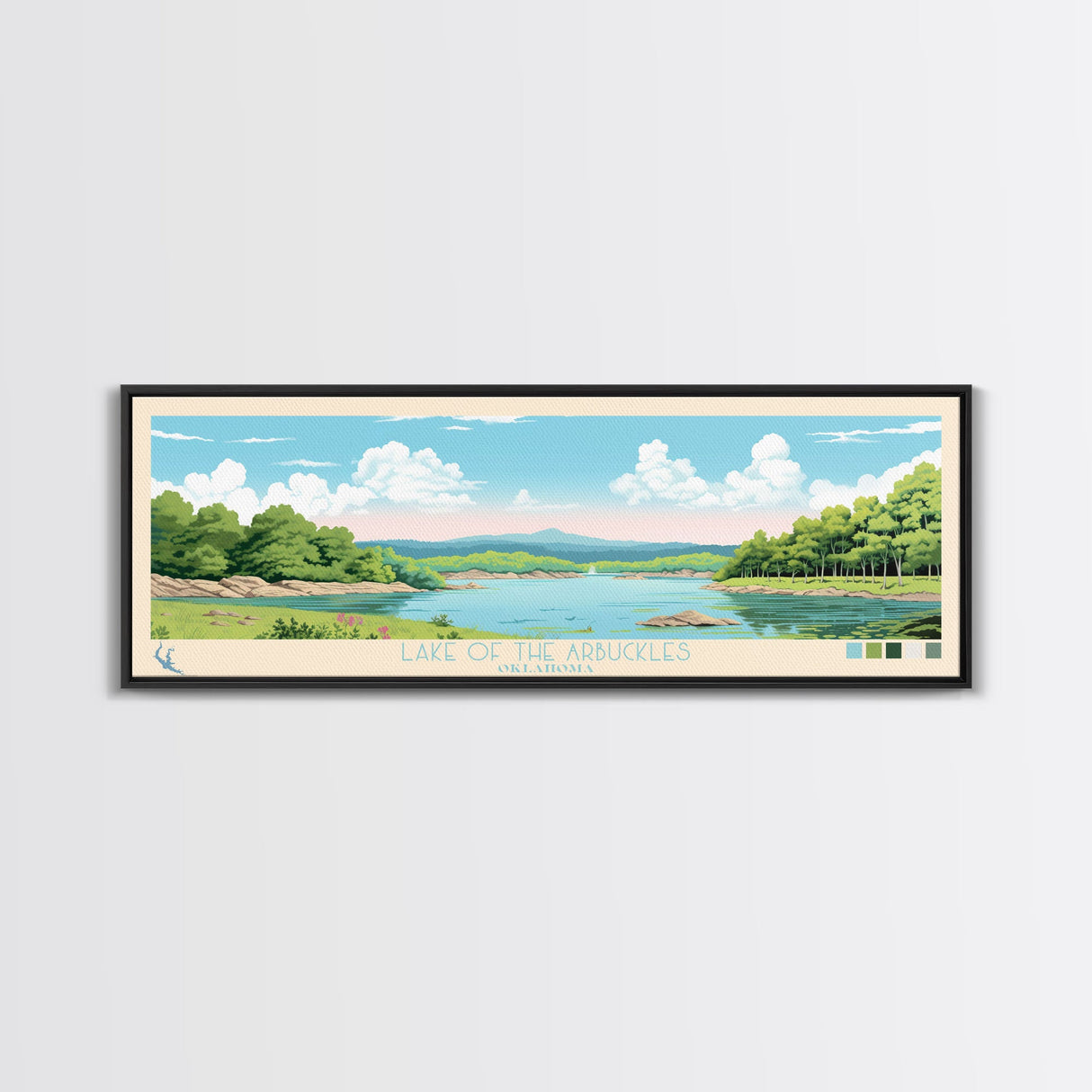 Lake of the Arbuckles Oklahoma Framed Canvas Print, Panoramic Wall Art, Midcentury Modern, Pop Art, Bedroom Art, Travel Poster, Lake House Decor