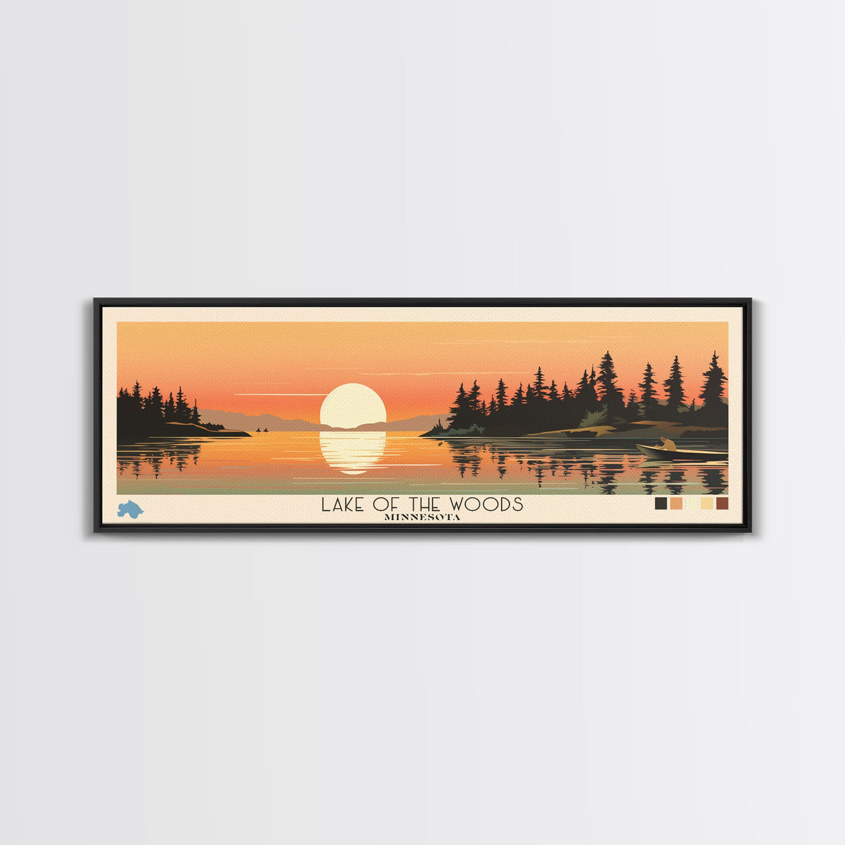 Lake of the Woods Minnesota Framed Canvas Print, Panoramic Wall Art, Midcentury Modern, Pop Art, Bedroom Art, Travel Poster, Lake House Decor