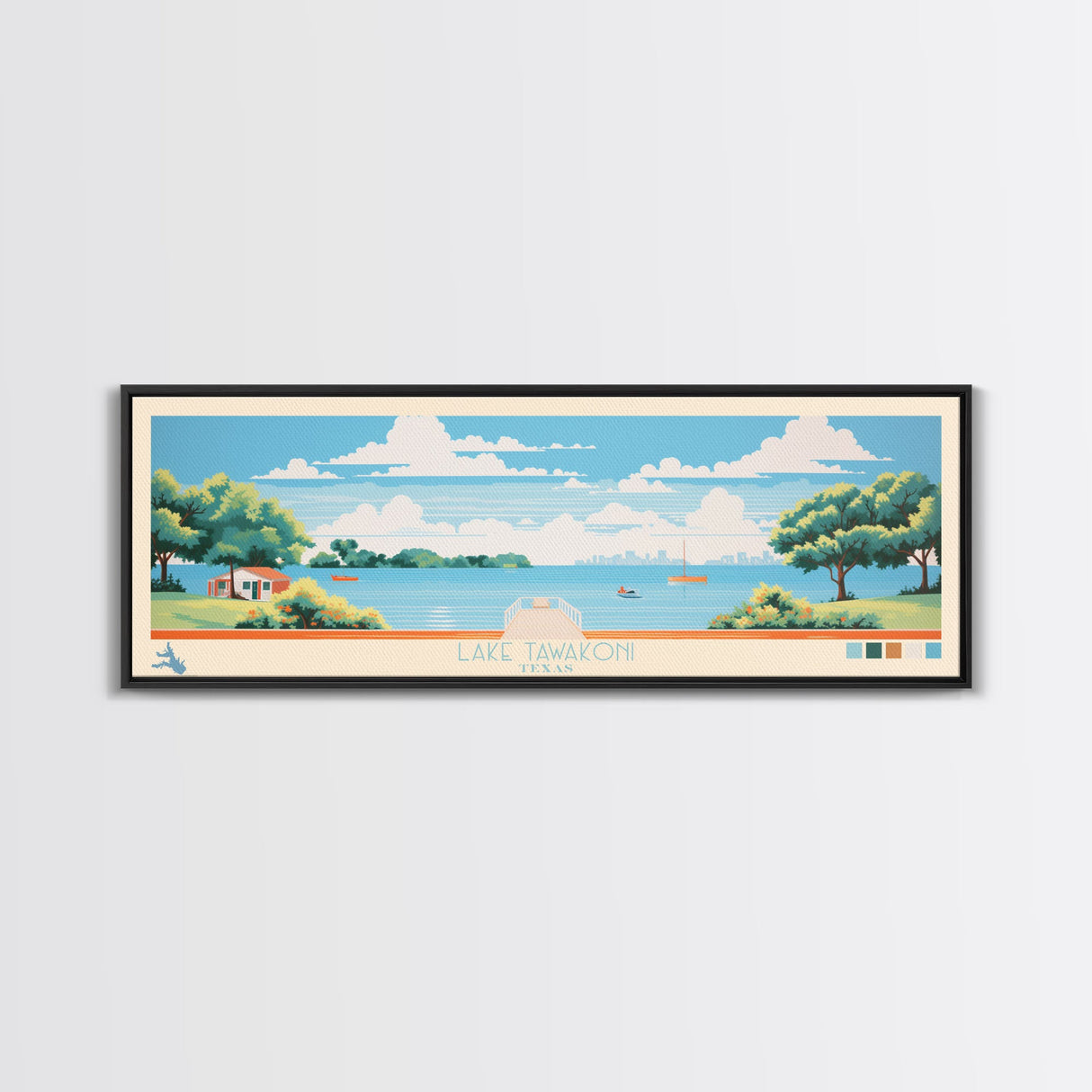 Lake Tawakoni, Texas Panoramic Wall Art Framed Canvas Print, Midcentury Modern, Pop Art, Home Decor, Travel Poster, Bedroom Art