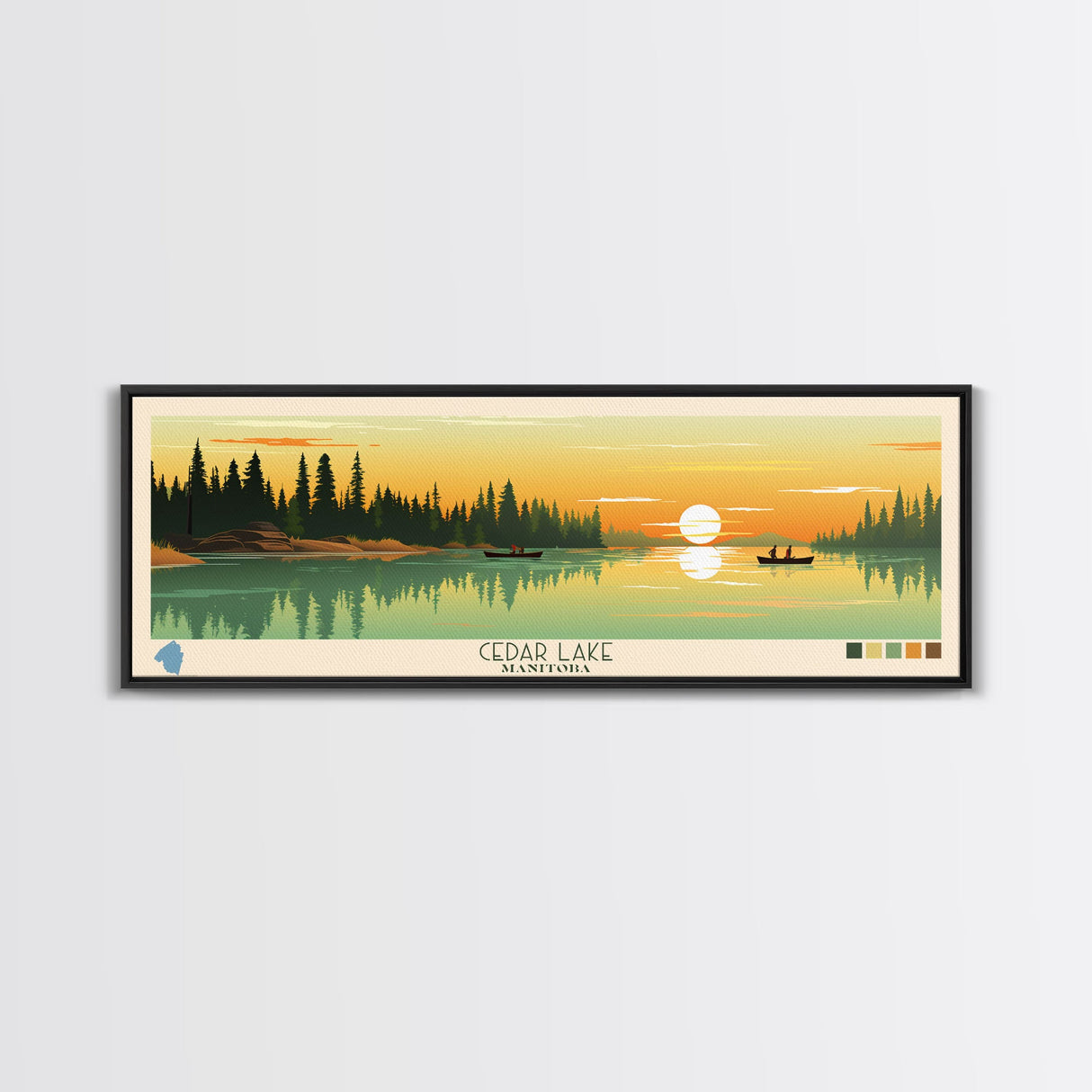 Lakes Cedar, Manitoba Panoramic Wall Art Framed Canvas Print, Midcentury Modern, Pop Art, Home Decor, Travel Poster, Living Room Art