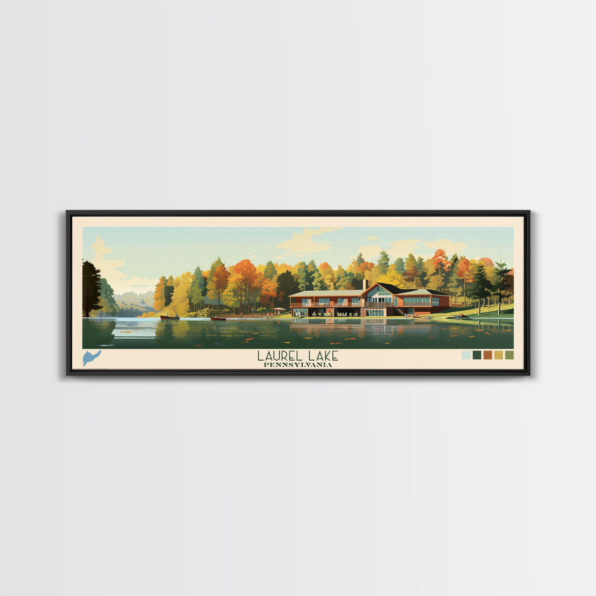 Laurel Lake, Pennsylvania Panoramic Wall Art Framed Canvas Print, Midcentury Modern, Pop Art, Home Decor, Travel Poster, Bedroom Art