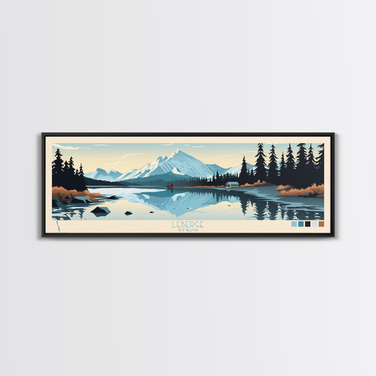 Leberge Lake, Yukon Panoramic Wall Art Framed Canvas Print, Midcentury Modern, Pop Art, Home Decor, Travel Poster, Bedroom Art