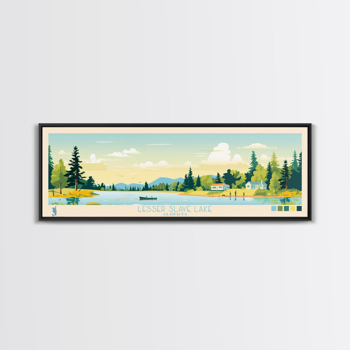 Lenore Lake, Saskatchewan Panoramic Wall Art Framed Canvas Print, Midcentury Modern, Pop Art, Home Decor, Travel Poster, Living Room Art