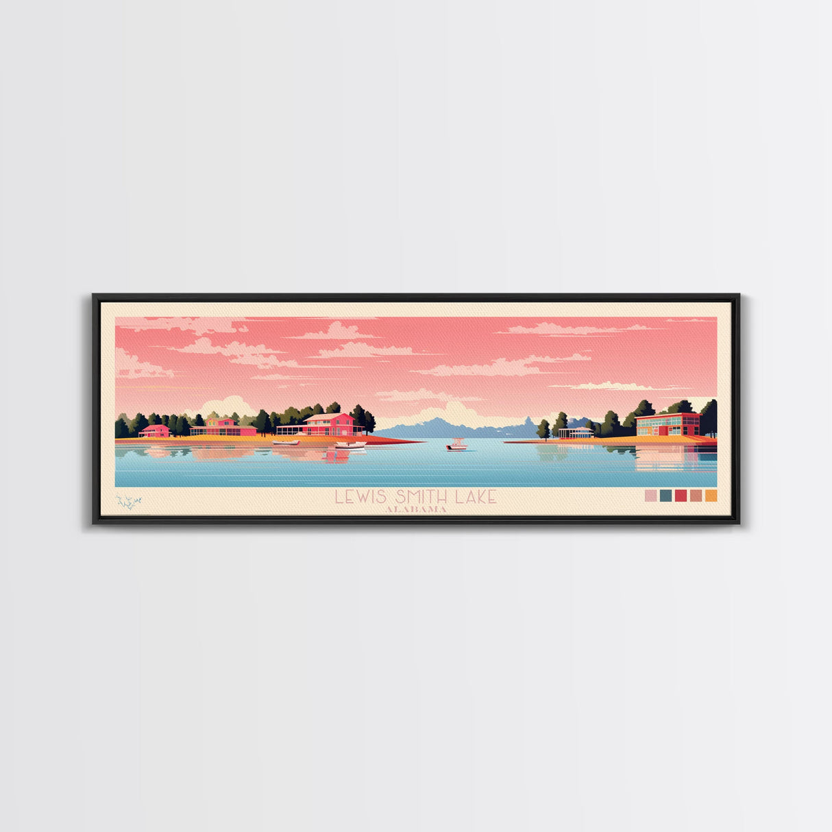 Lewis Smith Lake, Alabama Panoramic Wall Art Framed Canvas Print, Midcentury Modern, Pop Art, Home Decor, Travel Poster, Living Room Art