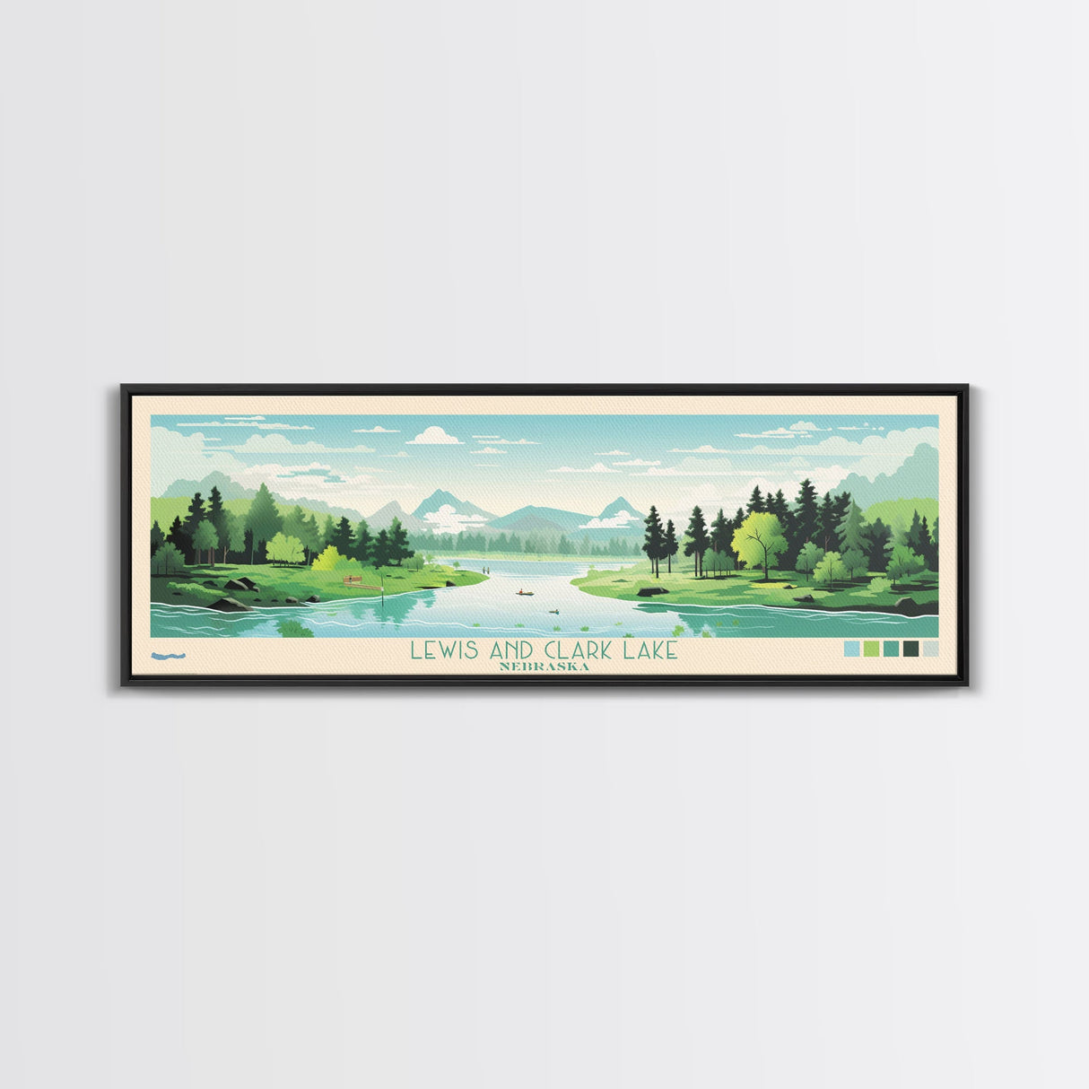 Lewis and Clark Lake, Nebraska Panoramic Wall Art Framed Canvas Print, Midcentury Modern, Pop Art, Home Decor, Travel Poster, Bedroom Art