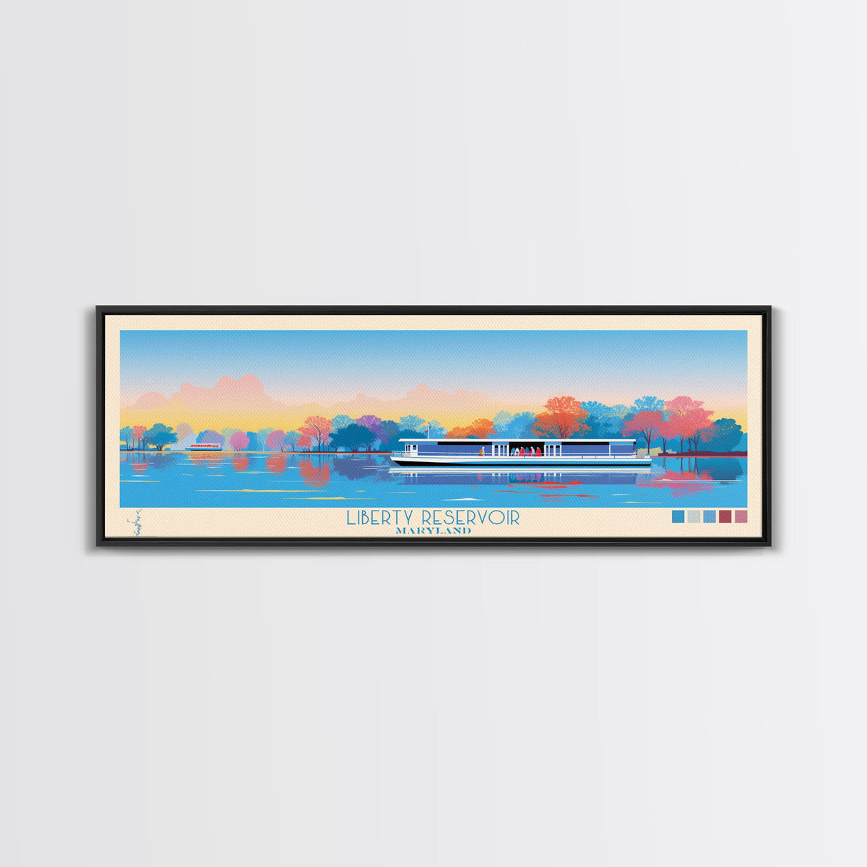 Liberty Reservoir, Maryland Panoramic Wall Art Framed Canvas Print, Midcentury Modern, Pop Art, Home Decor, Travel Poster, Bedroom Art