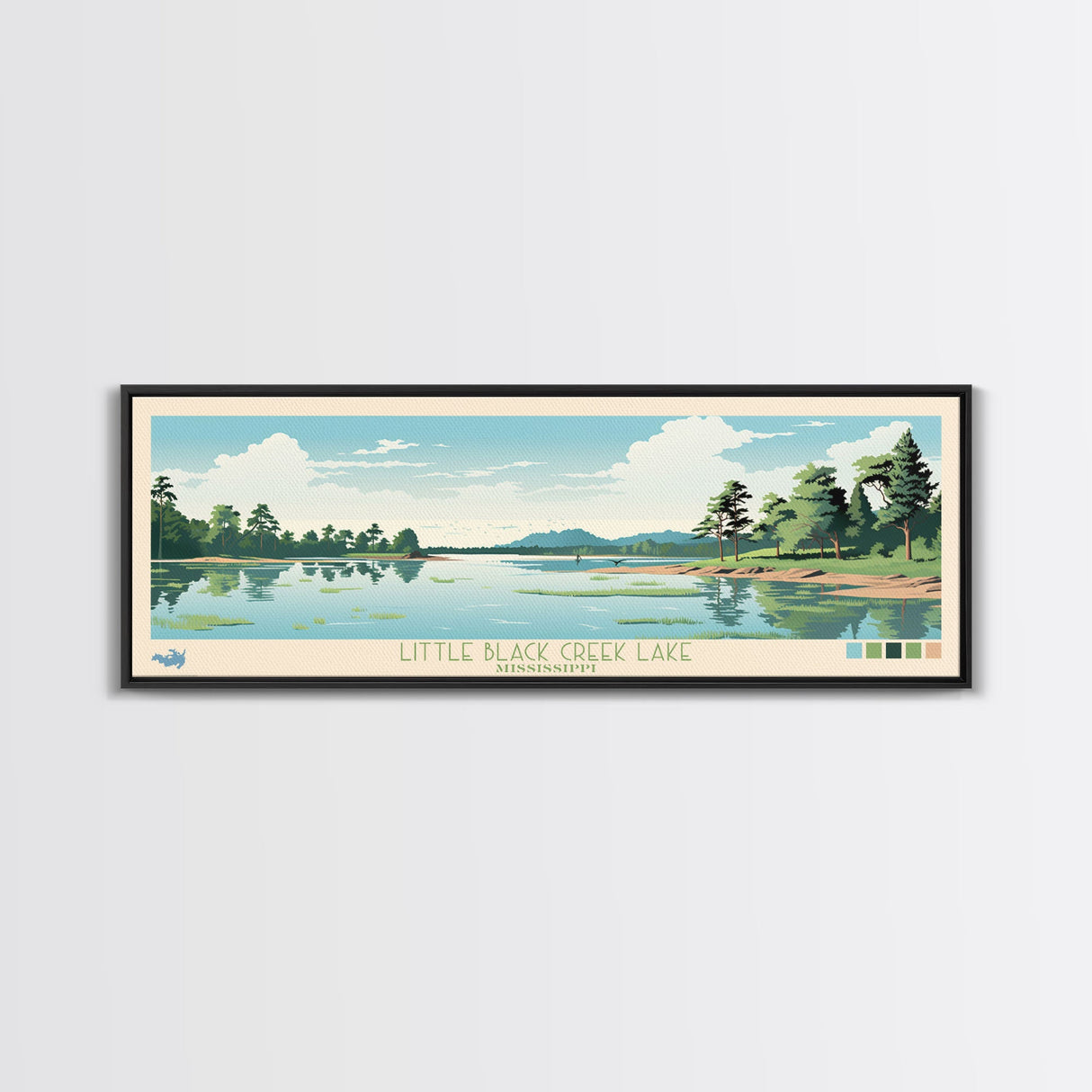 Little Black Creek Lake, Mississippi Panoramic Wall Art Framed Canvas Print, Midcentury Modern, Pop Art, Home Decor, Travel Poster, Bedroom Art