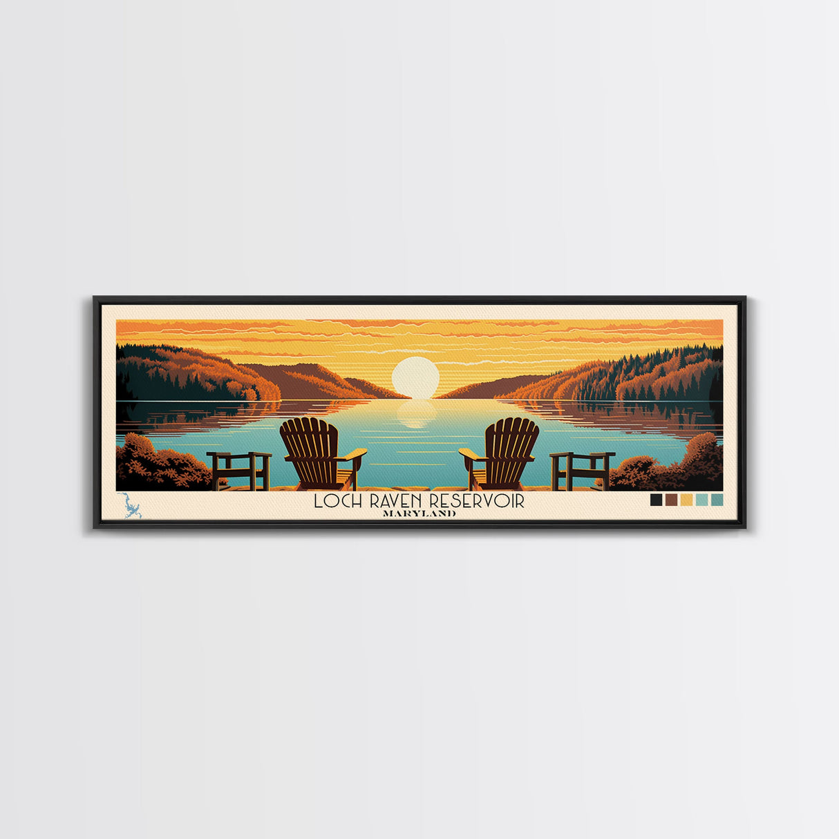 Loch Raven Reservoir, Maryland Panoramic Wall Art Framed Canvas Print, Midcentury Modern, Pop Art, Home Decor, Travel Poster, Living Room Art