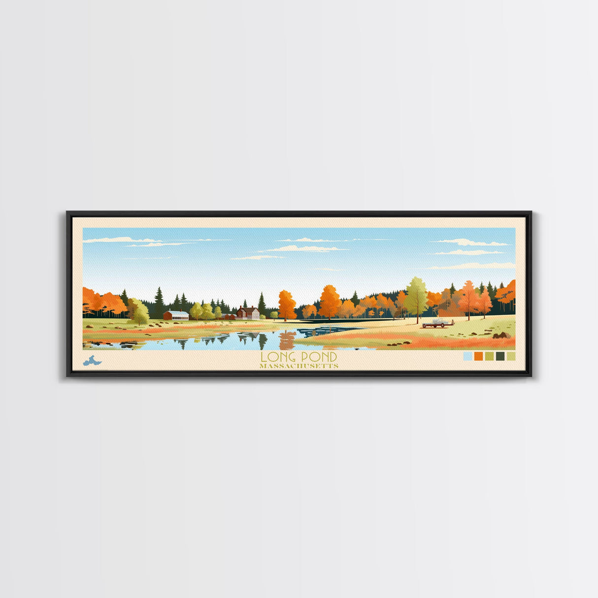 Long Pond, Massachusetts Panoramic Wall Art Framed Canvas Print, Midcentury Modern, Pop Art, Home Decor, Travel Poster, Bedroom Art