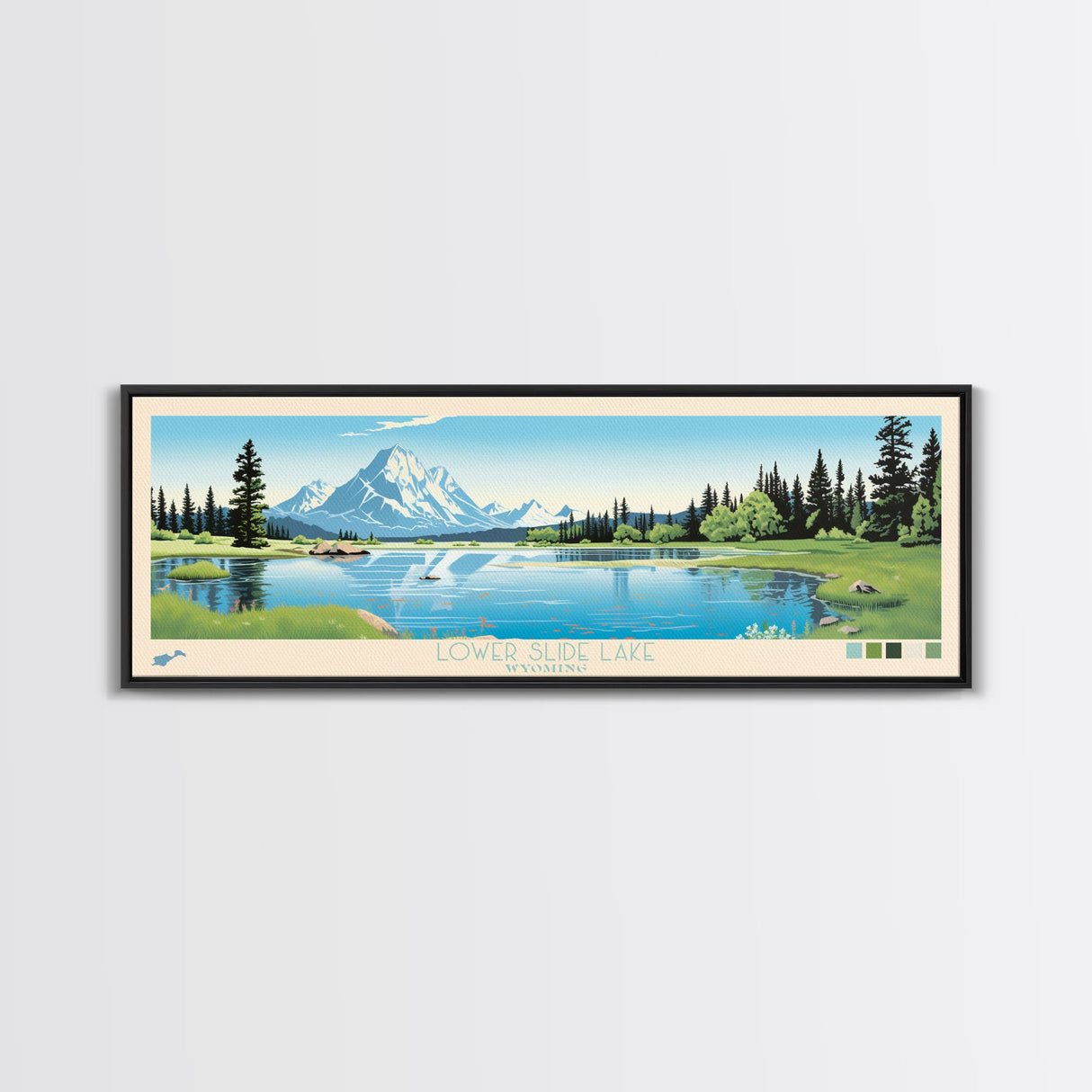 Lower Slide Lake, Wyoming Panoramic Wall Art Framed Canvas Print, Midcentury Modern, Pop Art, Home Decor, Travel Poster, Living Room Art