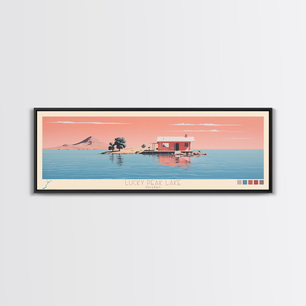 Lucky Peak Lake, Idaho Panoramic Wall Art Framed Canvas Print, Midcentury Modern, Pop Art, Home Decor, Travel Poster, Bedroom Art