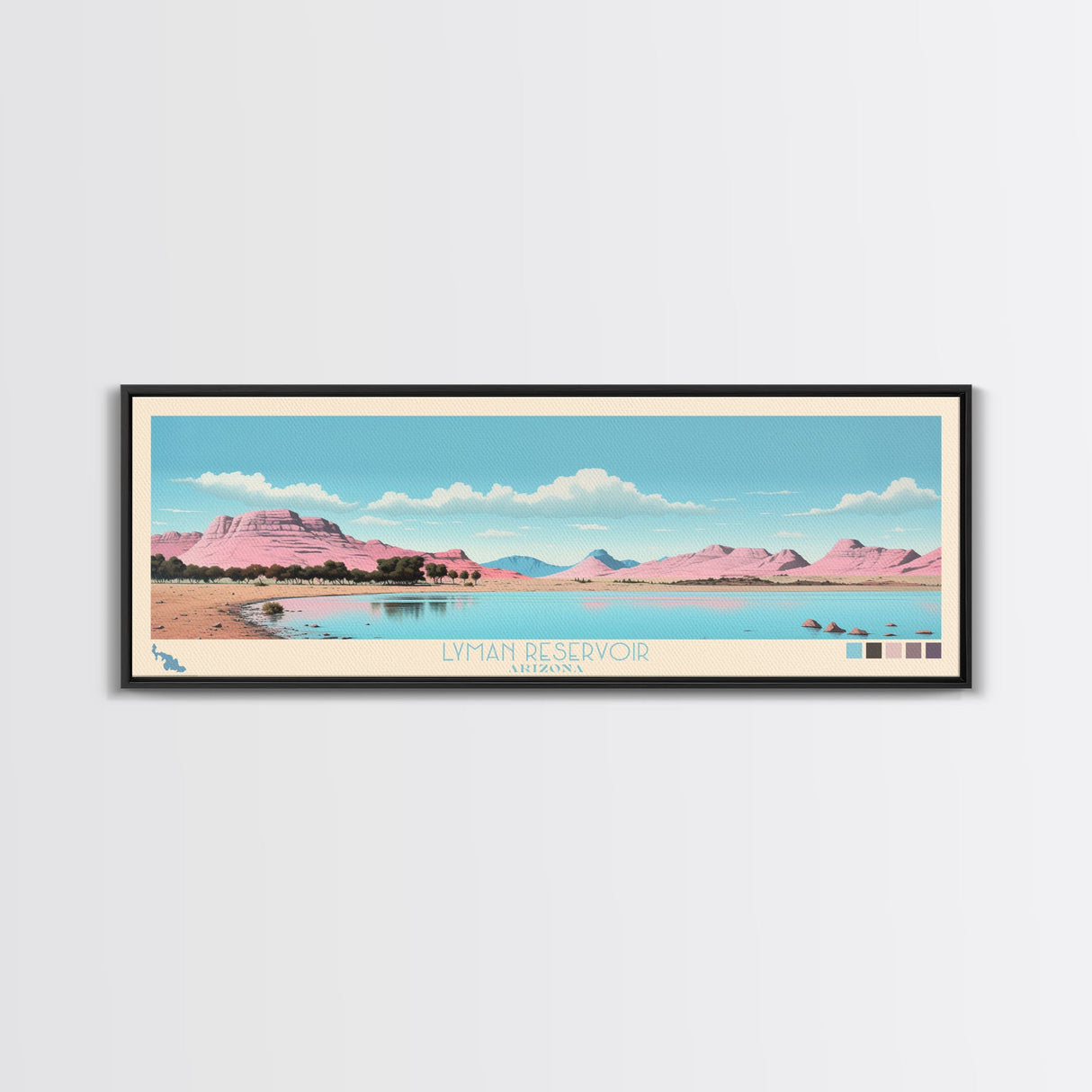 Lyman Reservoir, Arizona Panoramic Wall Art Framed Canvas Print, Midcentury Modern, Pop Art, Home Decor, Travel Poster, Bedroom Art