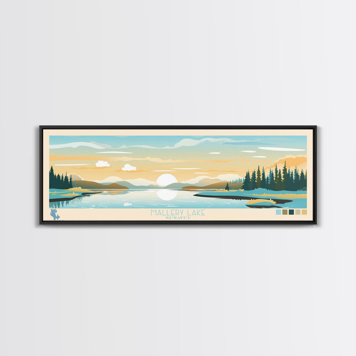 Mallery Lake, Nunavut Panoramic Wall Art Framed Canvas Print, Midcentury Modern, Pop Art, Home Decor, Travel Poster, Bedroom Art