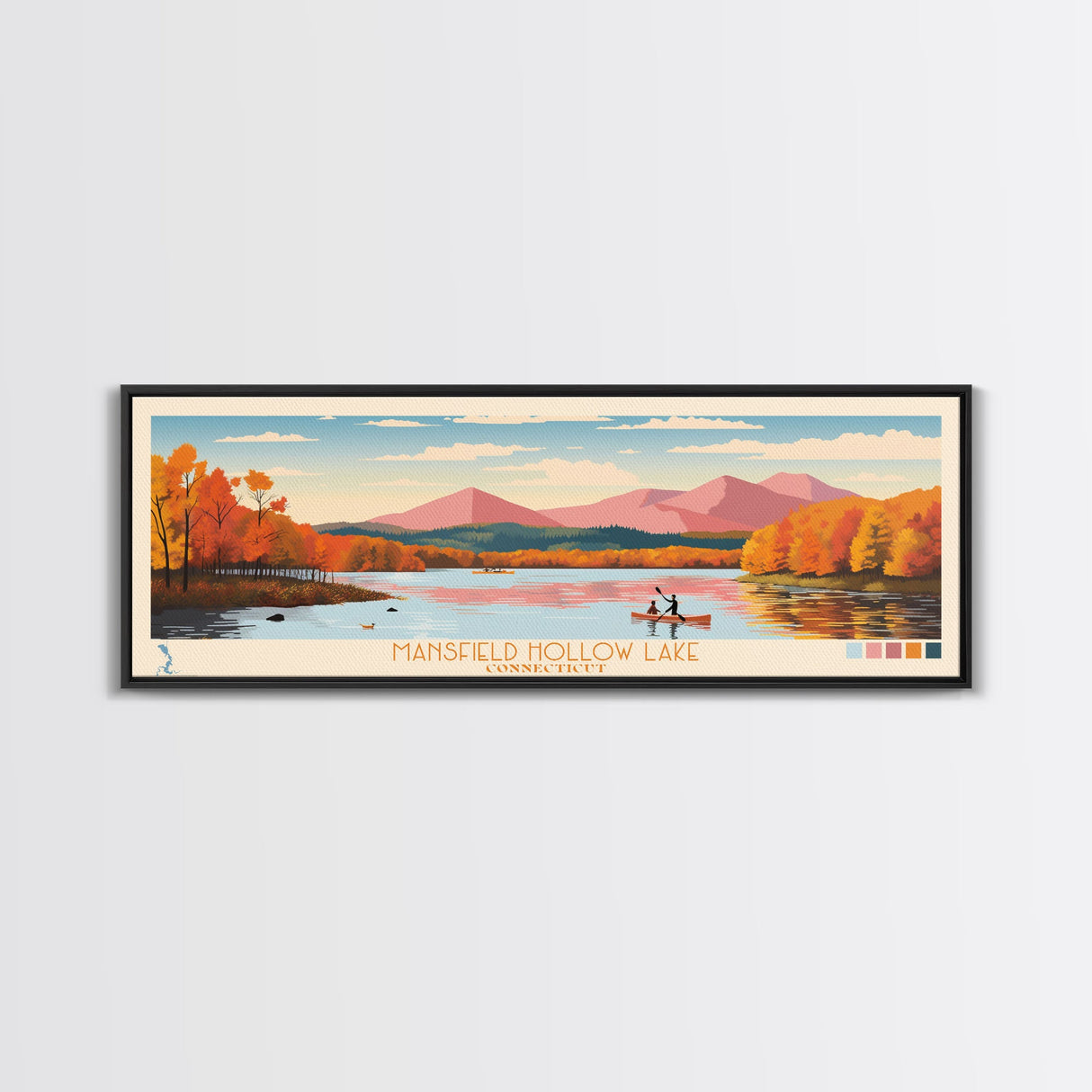 Mansfield Hollow Lake, Connecticut Panoramic Wall Art Framed Canvas Print, Midcentury Modern, Pop Art, Home Decor, Travel Poster, Living Room Art