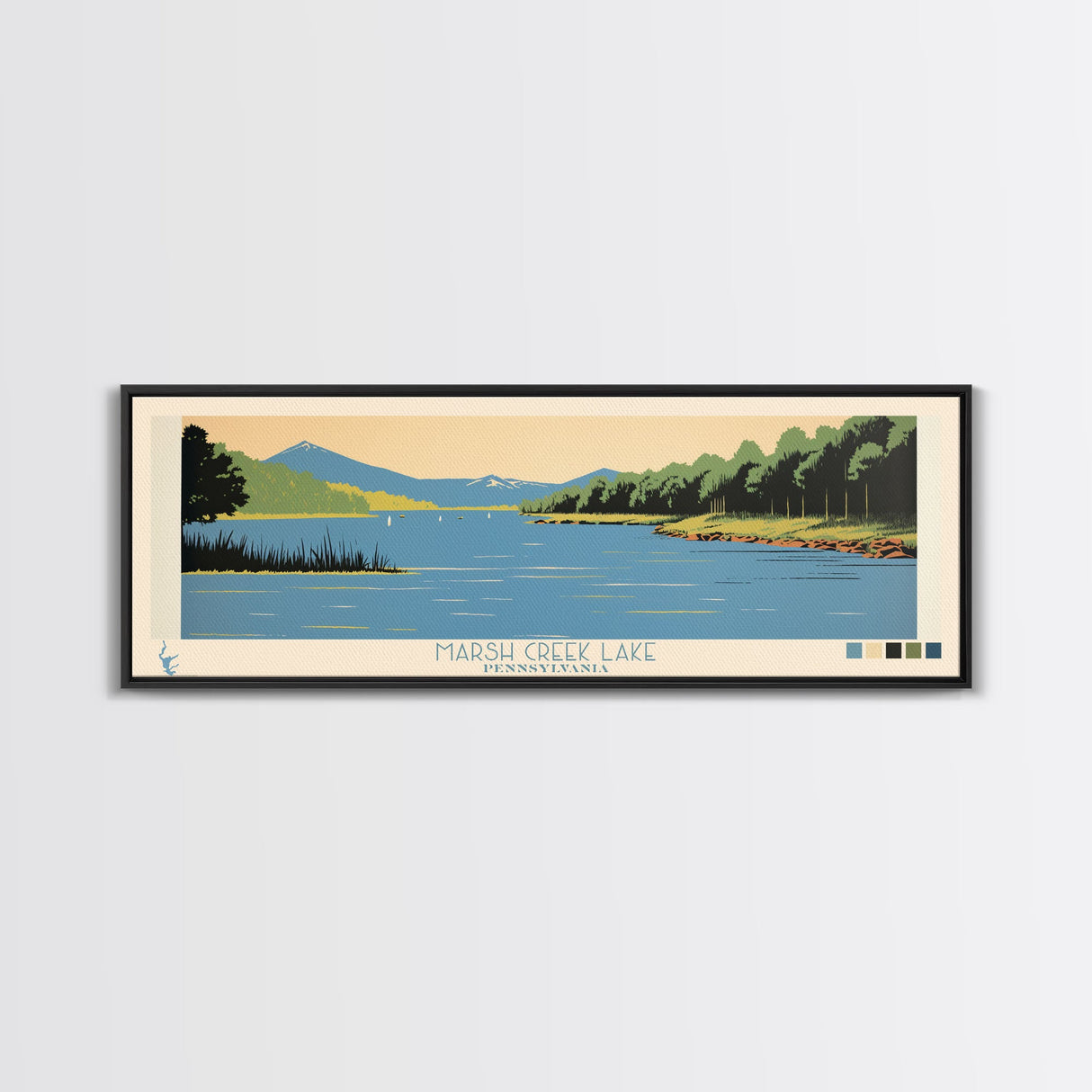 Marsh Creek Lake, Pennsylvania Panoramic Wall Art Framed Canvas Print, Midcentury Modern, Pop Art, Home Decor, Travel Poster, Bedroom Art