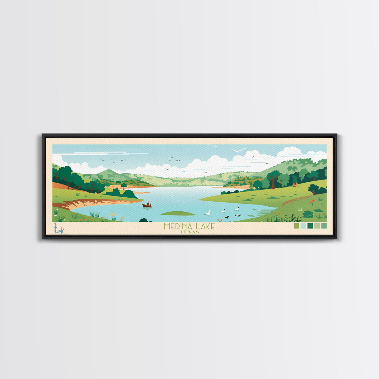 Medina Lake, Texas Panoramic Wall Art Framed Canvas Print, Midcentury Modern, Pop Art, Home Decor, Travel Poster, Bedroom Art