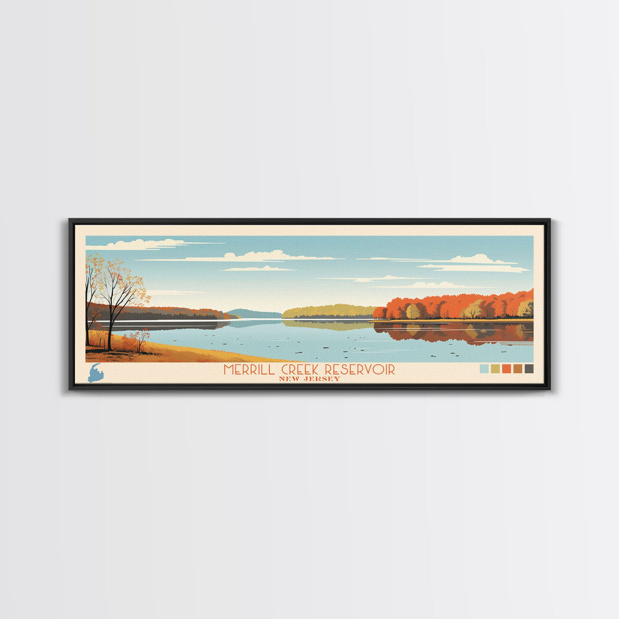 Merrill Creek Reservoir, New Jersey Panoramic Wall Art Framed Canvas Print, Midcentury Modern, Pop Art, Home Decor, Travel Poster, Living Room Art