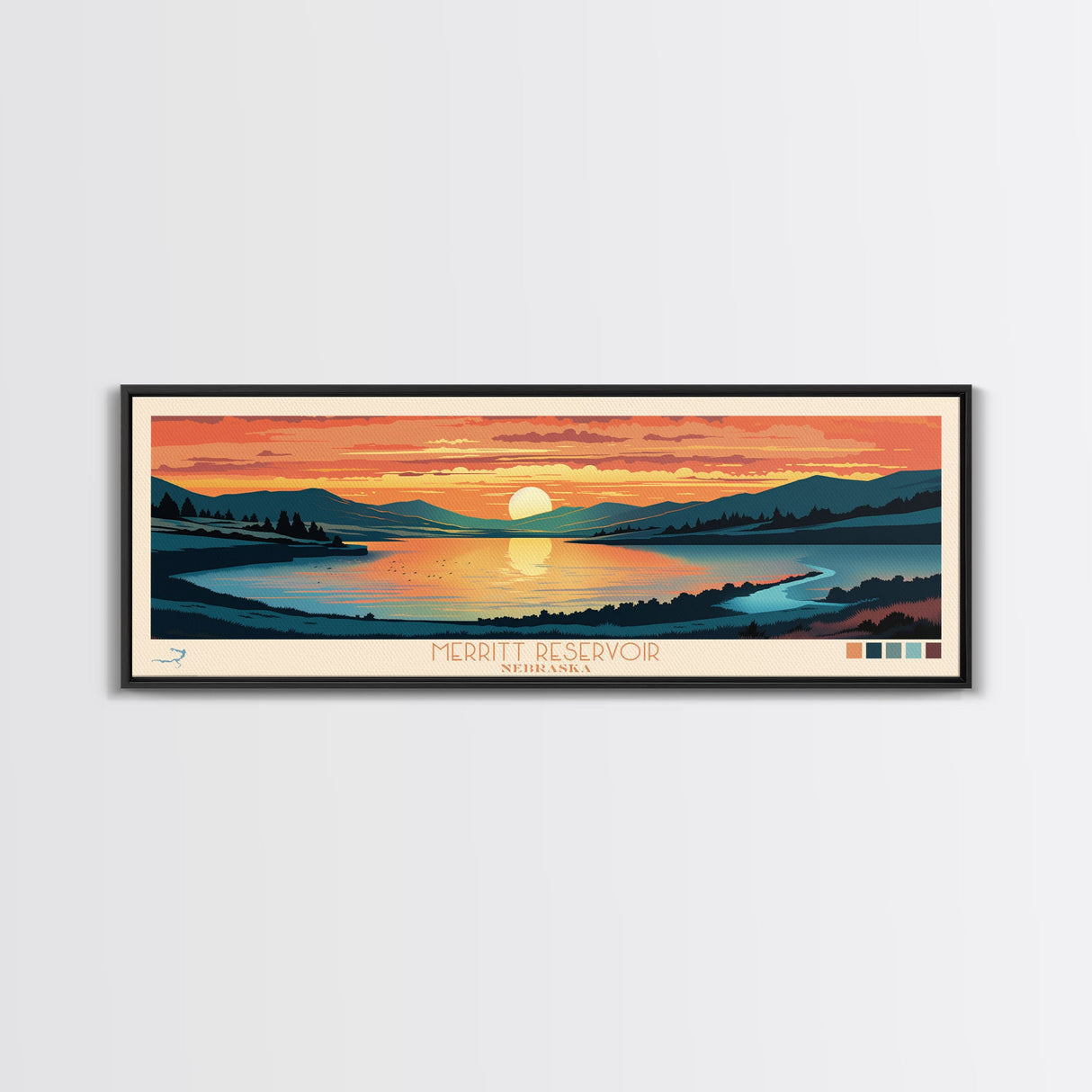 Merritt Reservoir, Nebraska Panoramic Wall Art Framed Canvas Print, Midcentury Modern, Pop Art, Home Decor, Travel Poster, Bedroom Art