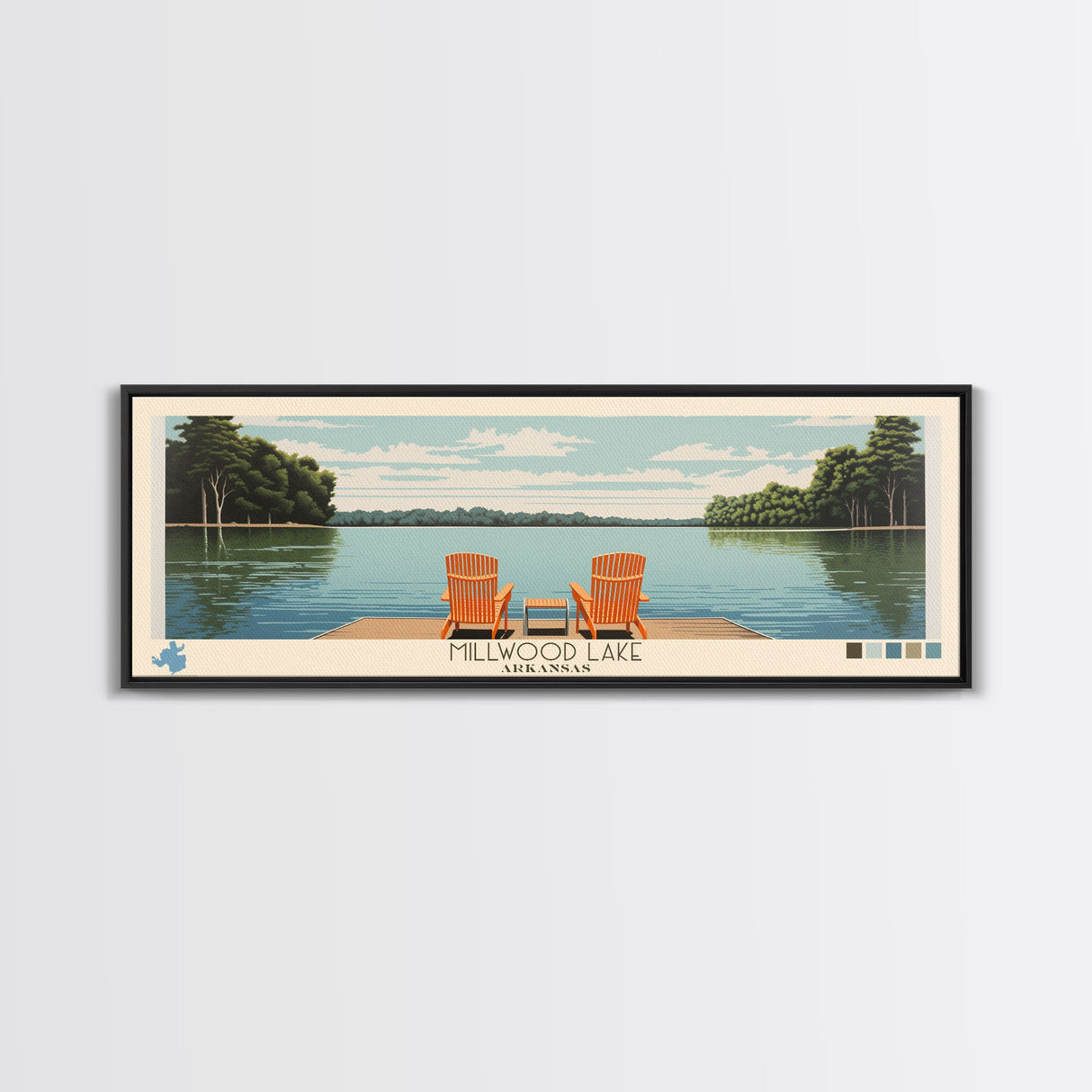 Millwood Lake, Arkansas Framed Canvas Print, Panoramic Wall Art, Midcentury Modern, Pop Art, Home Decor, Travel Poster, Bedroom Art