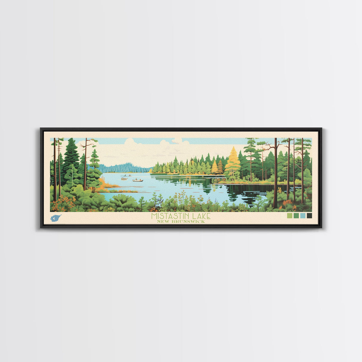 Mistastin Lake, New Brunswick Framed Canvas Print, Panoramic Wall Art, Midcentury Modern, Pop Art, Home Decor, Travel Poster, Living Room Art