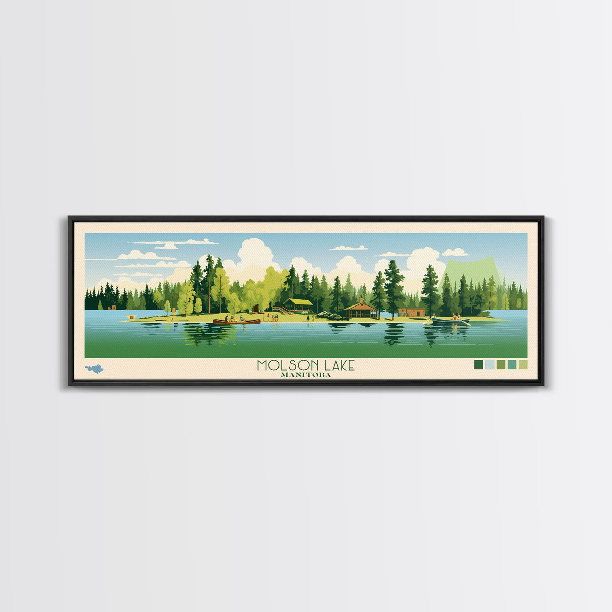 Molson Lake, Manitoba Framed Canvas Print, Panoramic Wall Art, Midcentury Modern, Pop Art, Home Decor, Travel Poster, Bedroom Art