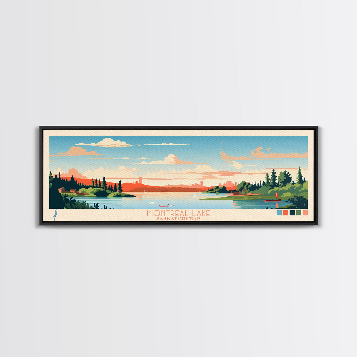 Montreal Lake, Saskatchewan Framed Canvas Print, Panoramic Wall Art, Midcentury Modern, Pop Art, Home Decor, Travel Poster, Living Room Art