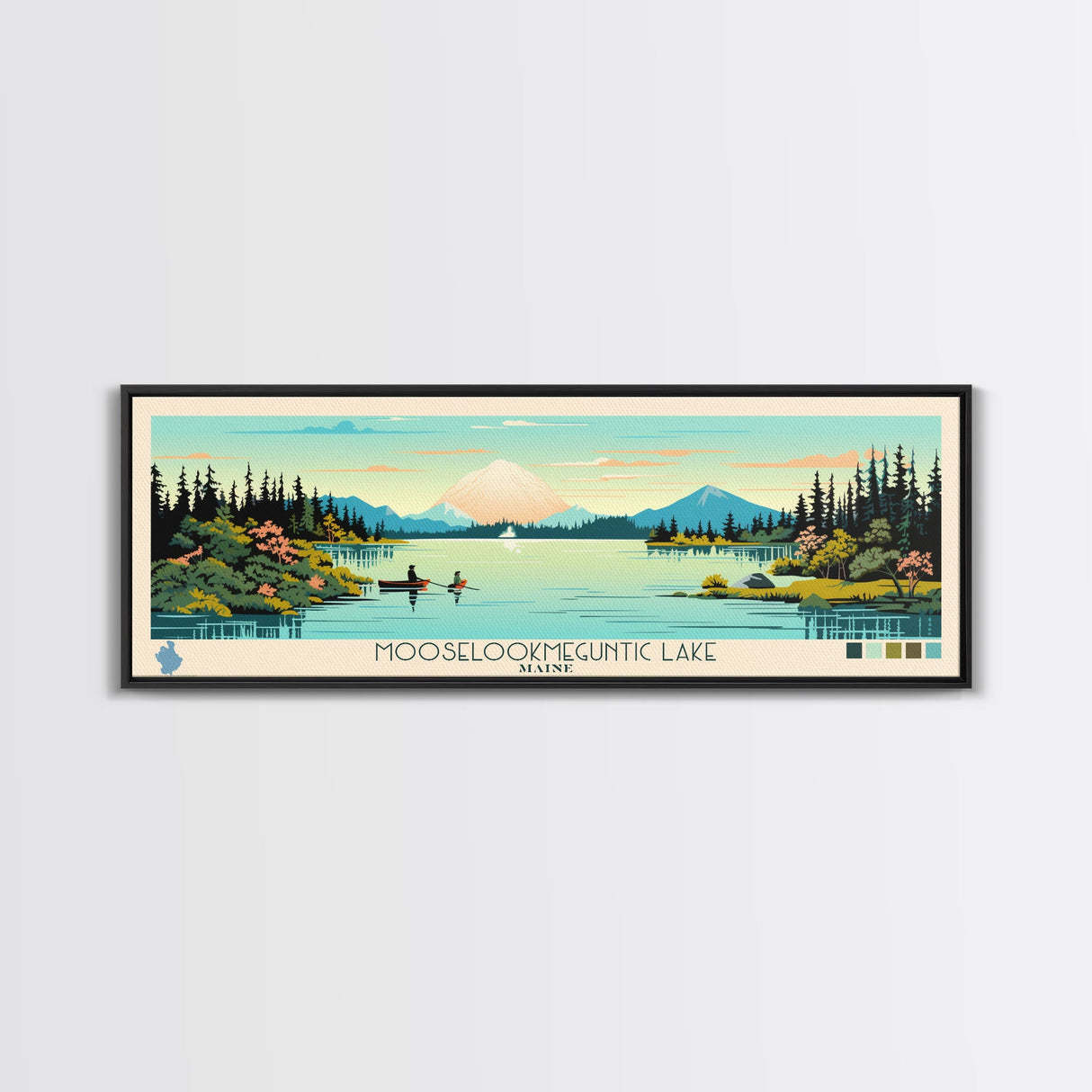 Mooselookmeguntic Lake, Maine Framed Canvas Print, Panoramic Wall Art, Midcentury Modern, Pop Art, Home Decor, Travel Poster, Living Room Art