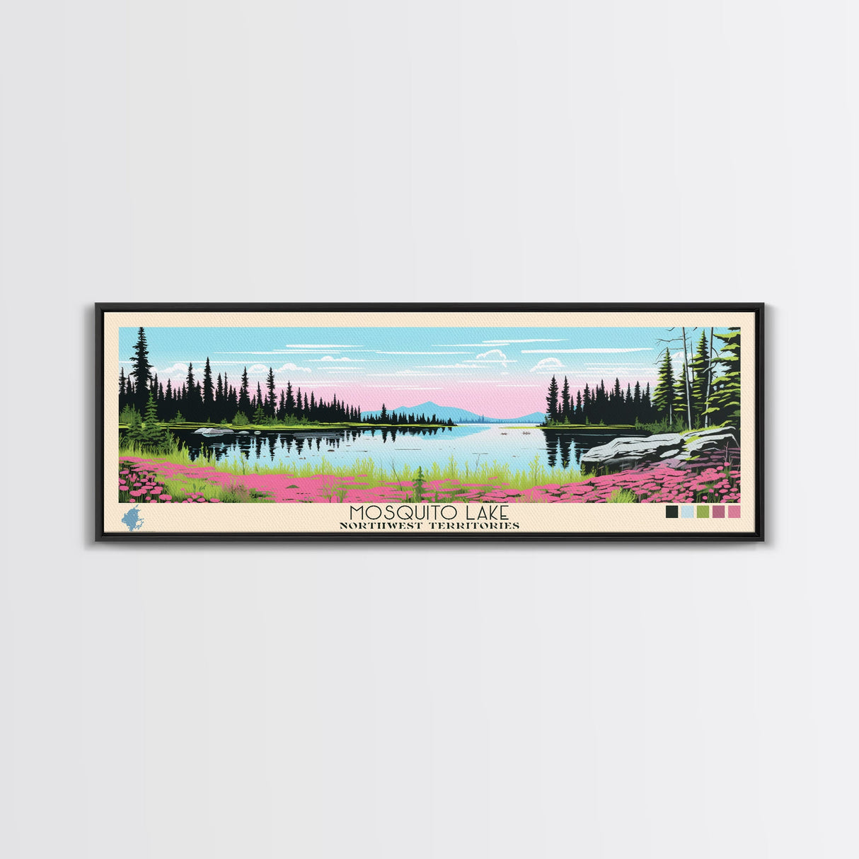 Mosquito Lake, Northwest Territories Framed Canvas Print, Panoramic Wall Art, Midcentury Modern, Pop Art, Home Decor, Travel Poster, Bedroom Art