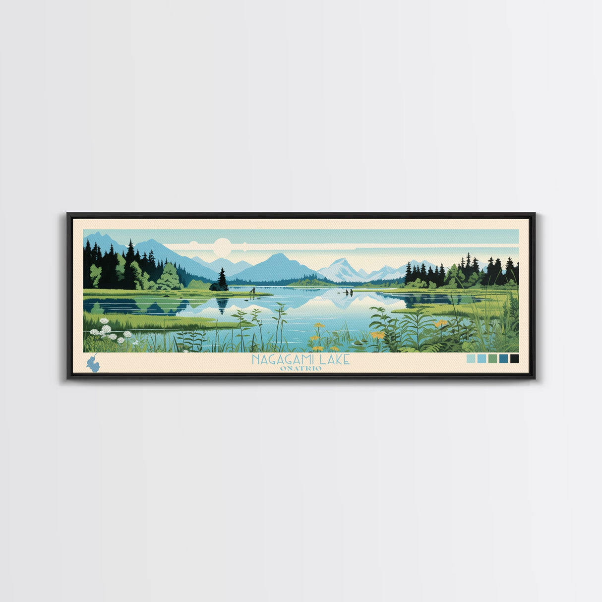 Nagagami Lake, Ontario Framed Canvas Print, Panoramic Wall Art, Midcentury Modern, Pop Art, Home Decor, Travel Poster, Living Room Art