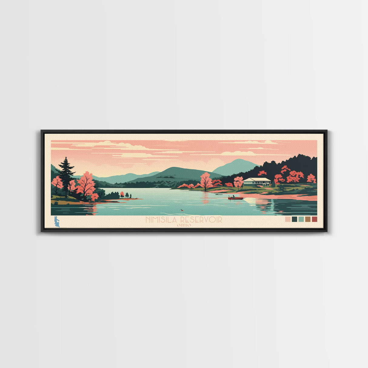 Nimisila Reservoir, Ohio Framed Canvas Print, Panoramic Wall Art, Midcentury Modern, Pop Art, Home Decor, Travel Poster, Living Room Art