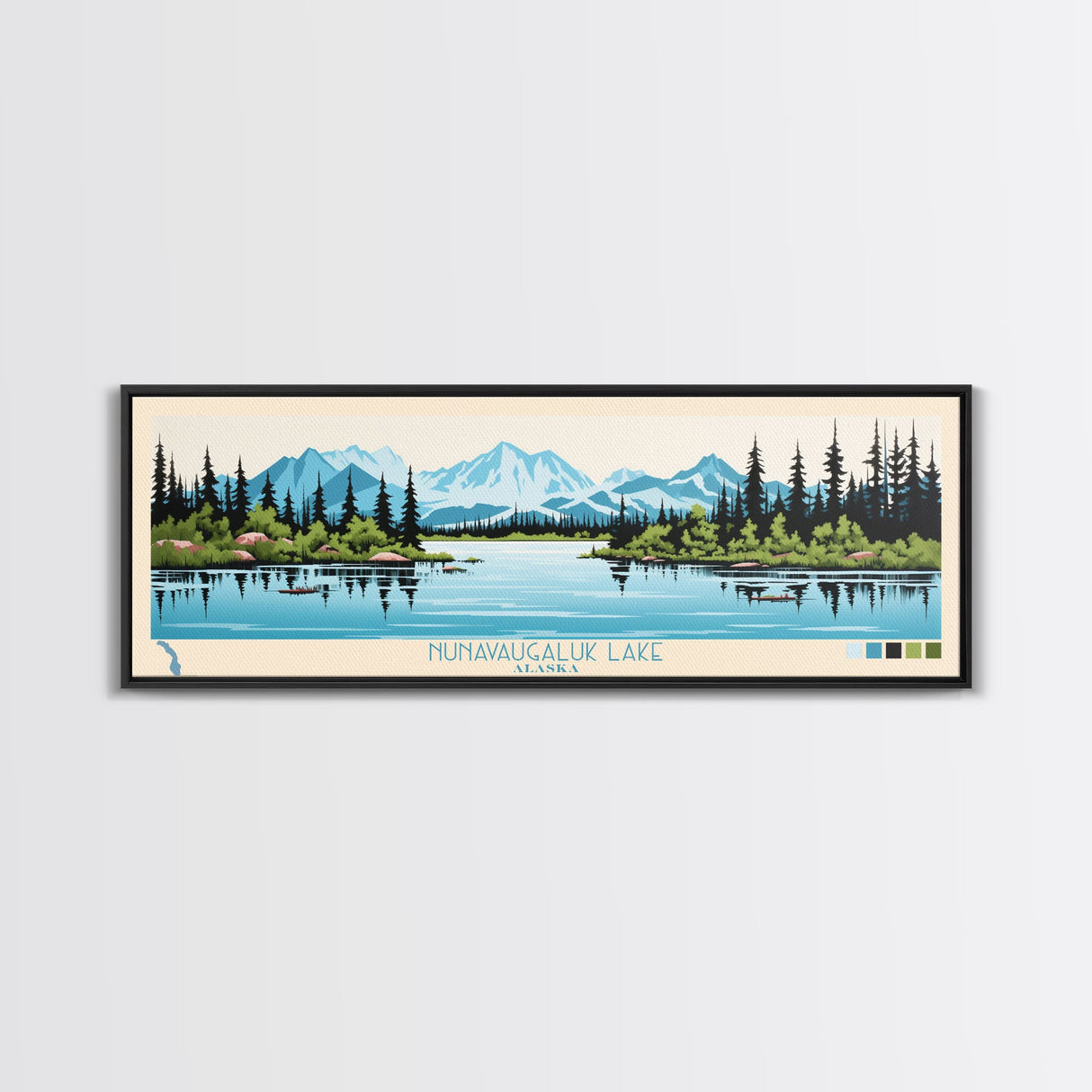 Nunavaugaluk Lake, Alaska Framed Canvas Print, Panoramic Wall Art, Midcentury Modern, Pop Art, Home Decor, Travel Poster, Living Room Art