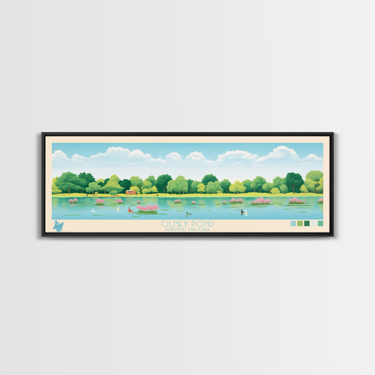 Olney Pond, Rhode Island Framed Canvas Print, Panoramic Wall Art, Midcentury Modern, Pop Art, Home Decor, Travel Poster, Living Room Art