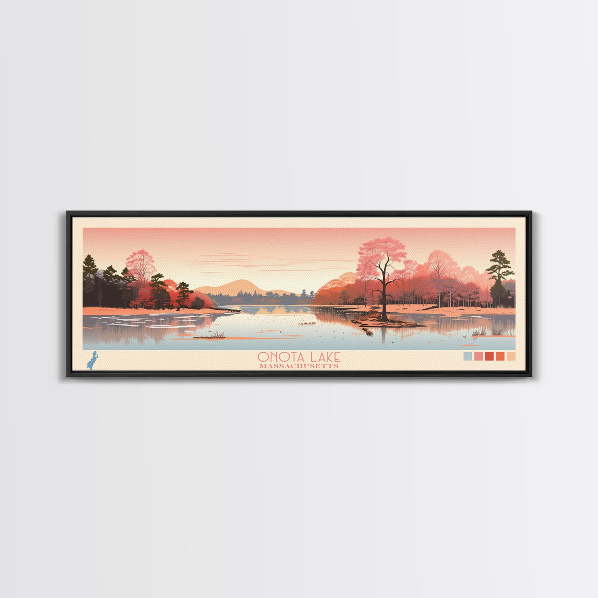 Onota Lake, Massachusetts Framed Canvas Print, Panoramic Wall Art, Midcentury Modern, Pop Art, Home Decor, Travel Poster, Living Room Art