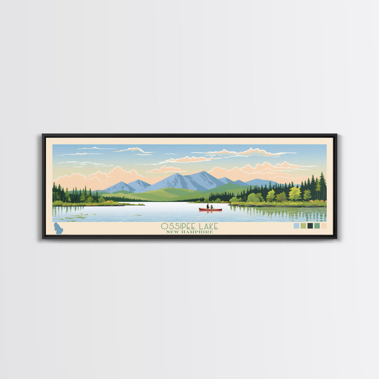 Ossipee Lake, New Hampshire Framed Canvas Print, Panoramic Wall Art, Midcentury Modern, Pop Art, Home Decor, Travel Poster, Bedroom Art