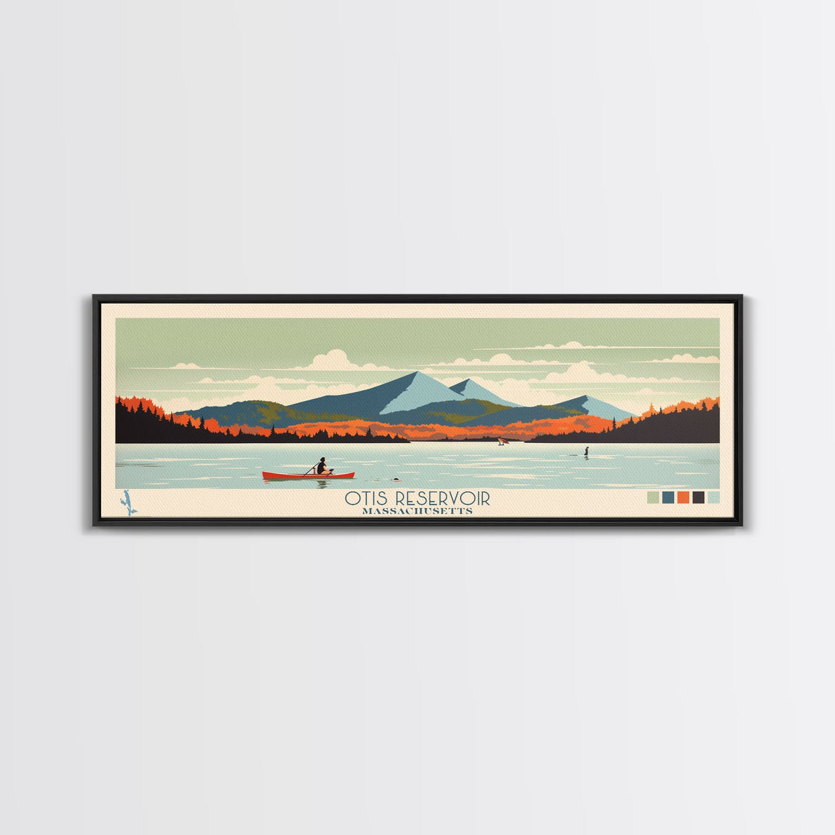 Otis Reservoir, Massachusetts Framed Canvas Print, Panoramic Wall Art, Midcentury Modern, Pop Art, Home Decor, Travel Poster, Living Room Art