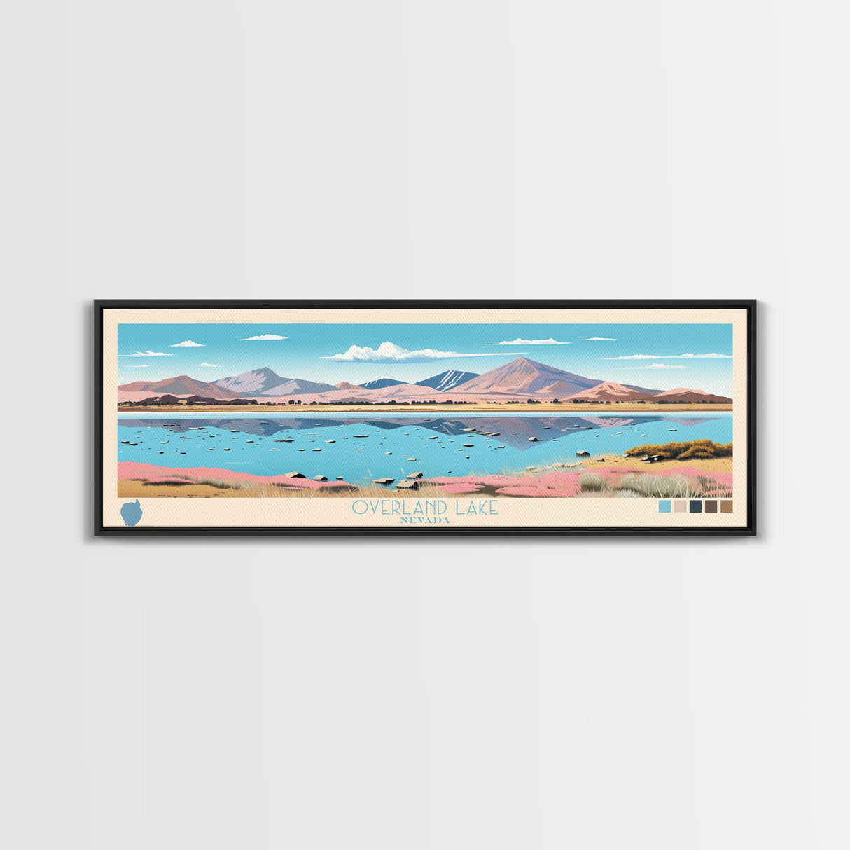 Overland Lake, Nevada Framed Canvas Print, Panoramic Wall Art, Midcentury Modern, Pop Art, Home Decor, Travel Poster, Bedroom Art