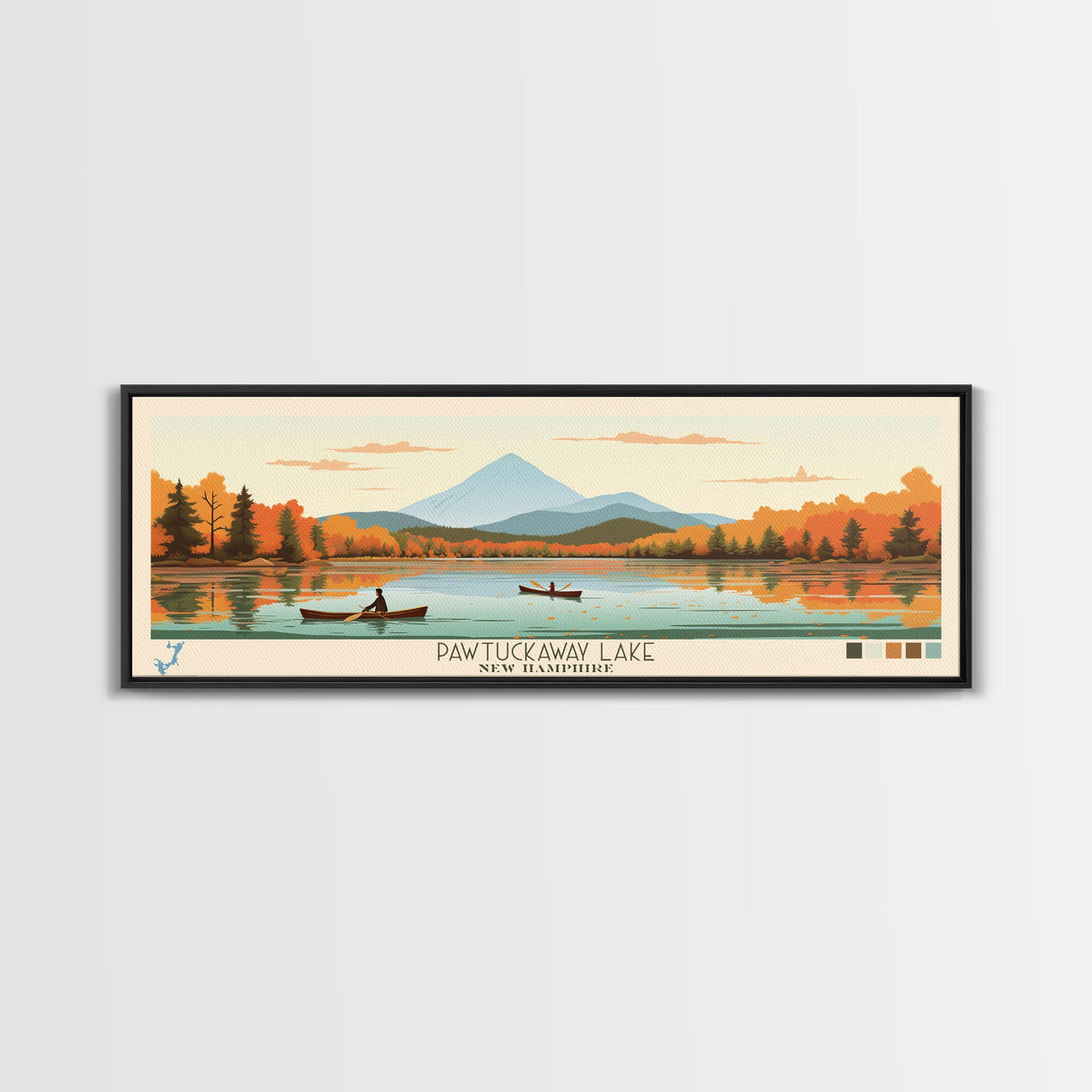 Pawtuckaway Lake, New Hampshire Framed Canvas Print, Panoramic Wall Art, Midcentury Modern, Pop Art, Home Decor, Travel Poster, Bedroom Art