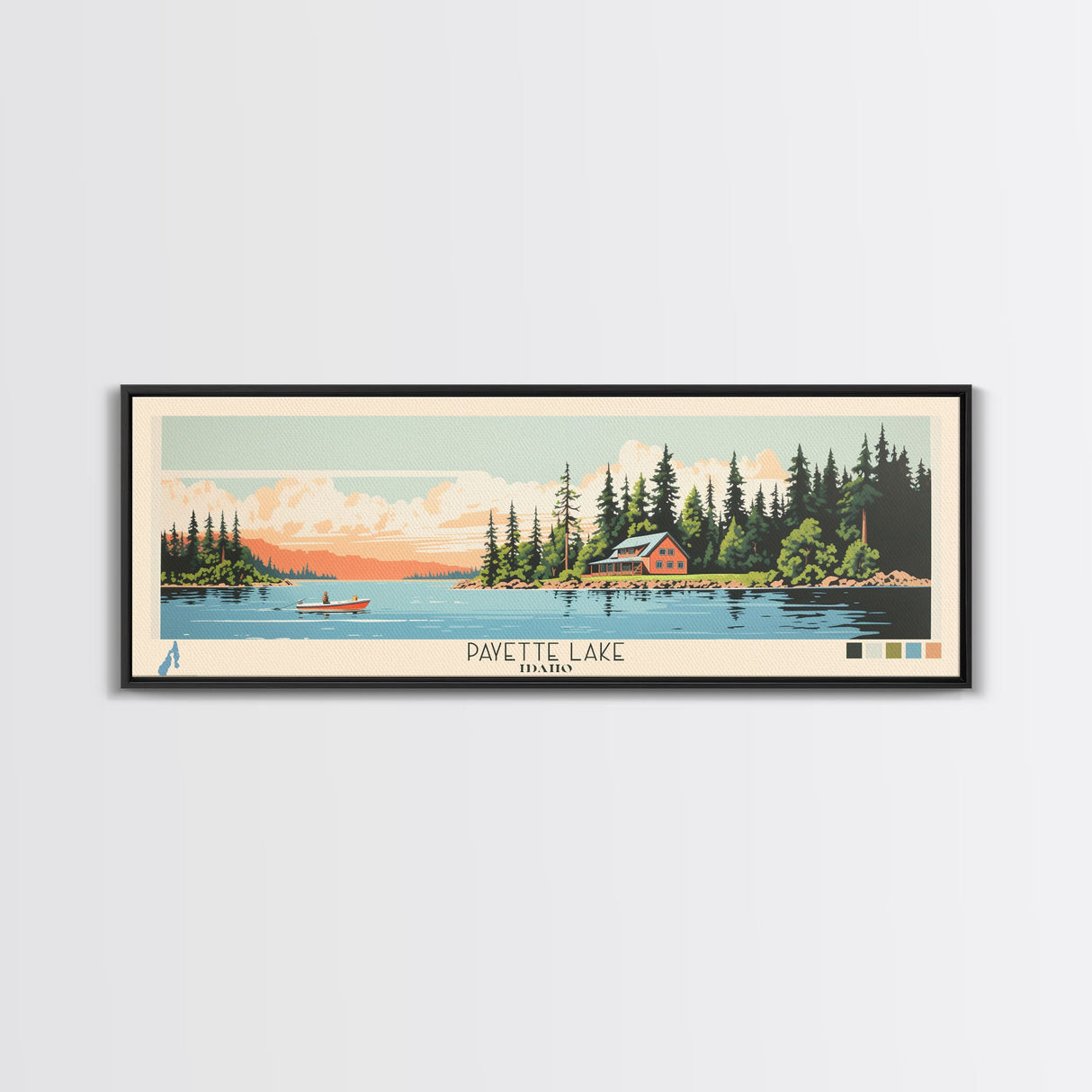 Payette Lake, Idaho Framed Canvas Print, Panoramic Wall Art, Midcentury Modern, Pop Art, Home Decor, Travel Poster, Living Room Art