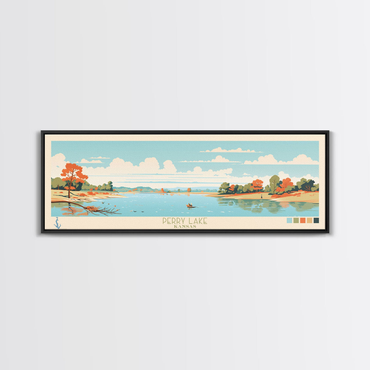 Perry Lake, Kansas Framed Canvas Print, Panoramic Wall Art, Midcentury Modern, Pop Art, Home Decor, Travel Poster, Living Room Art