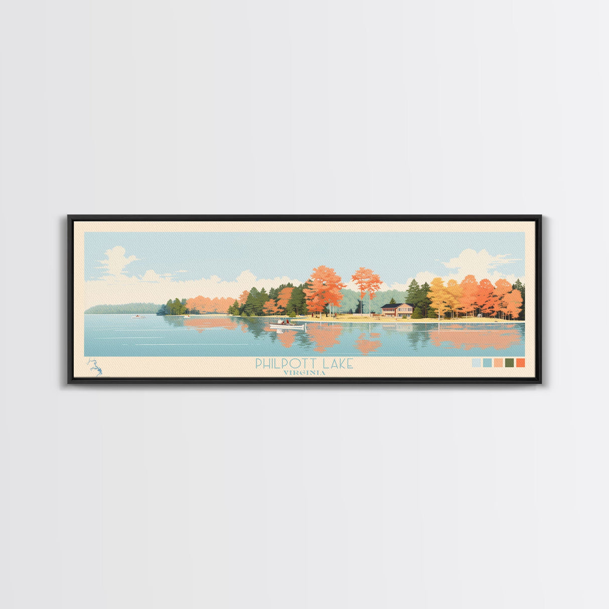 Philpott Lake, Virginia Framed Canvas Print, Panoramic Wall Art, Midcentury Modern, Pop Art, Home Decor, Travel Poster, Living Room Art