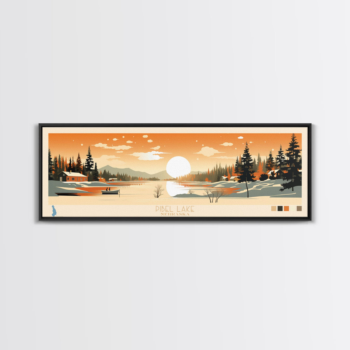 Pibel Lake, Nebraska Framed Canvas Print, Panoramic Wall Art, Midcentury Modern, Pop Art, Home Decor, Travel Poster, Bedroom Art