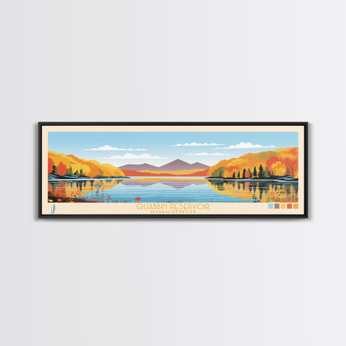 Quabbin Reservoir, Massachusetts Framed Canvas Print, Bedroom Art, Midcentury Modern, Panoramic Travel Poster, Pop Art, Wall Decor